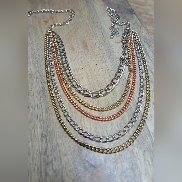 Elegant Gold, Copper, and Silver Tone Multi-Layer Necklace - Picture 3 of 4
